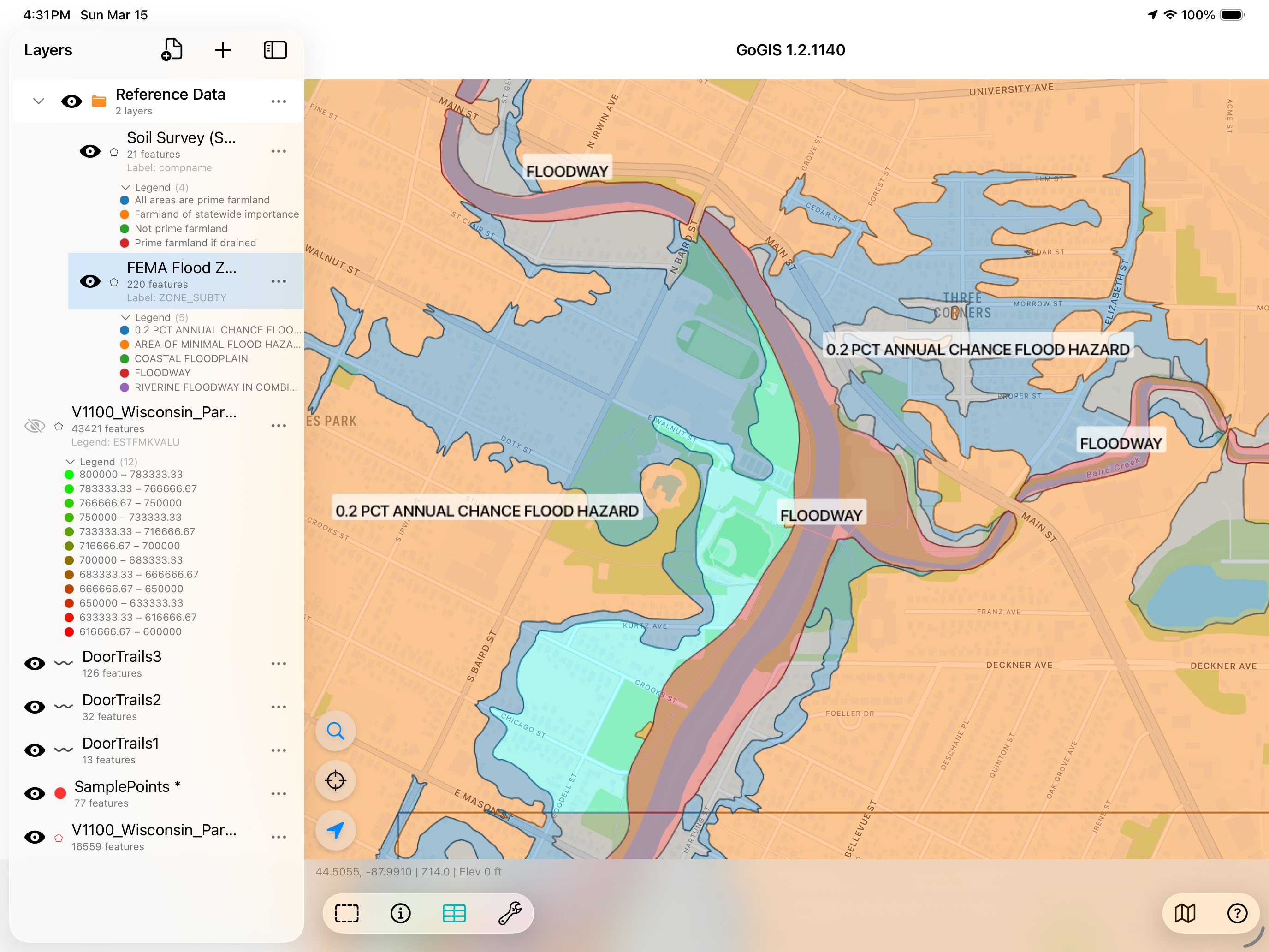 FEMA-Hochwasserkarte in GoGIS auf dem iPhone angezeigt