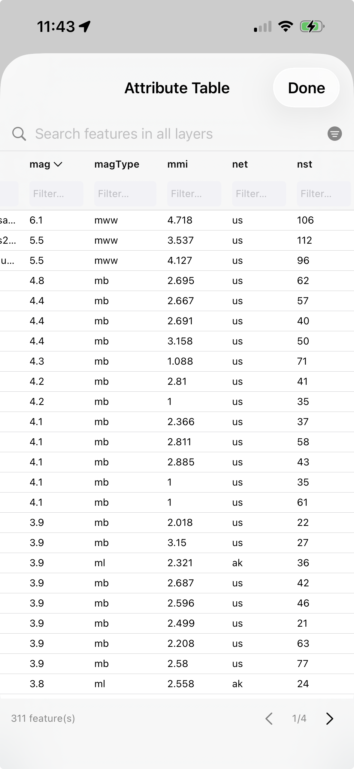 Attribute table with search filtering