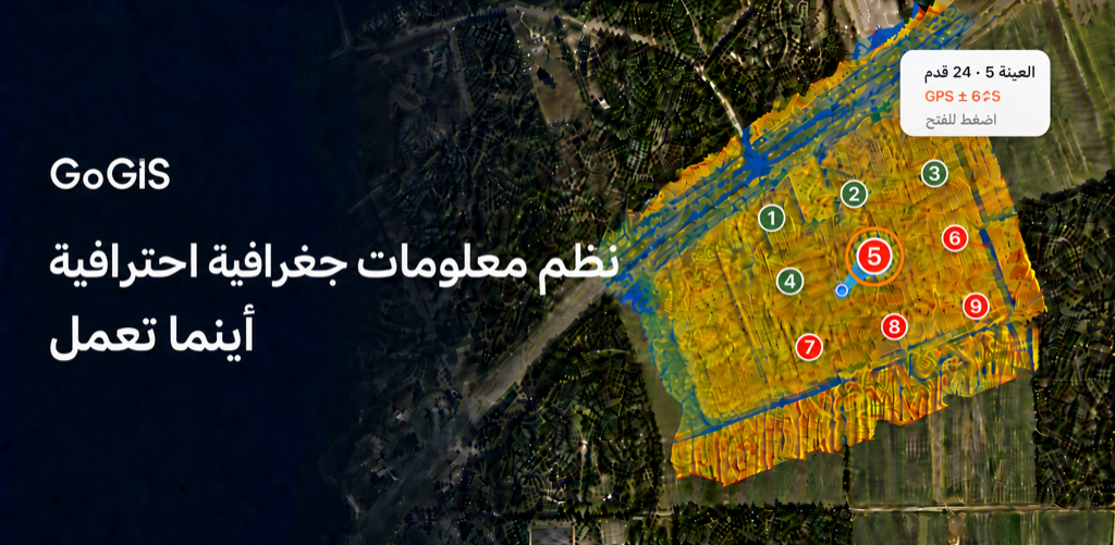 صورة GoGIS تعرض نقاط أخذ عينات مكتملة ومتبقية، وهالة النقطة النشطة، واتجاه GPS والمسافة والدقة فوق خريطة GIS زراعية