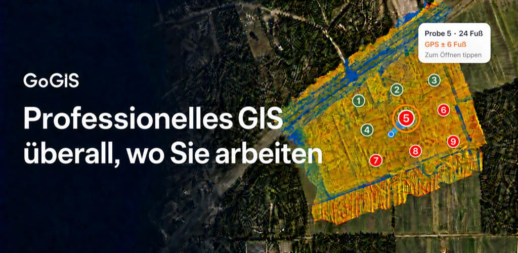 GoGIS-Kampagne mit erledigten und offenen Probenpunkten, aktivem Probenziel, GPS-Richtung, Entfernung und Genauigkeit auf einer landwirtschaftlichen GIS-Karte