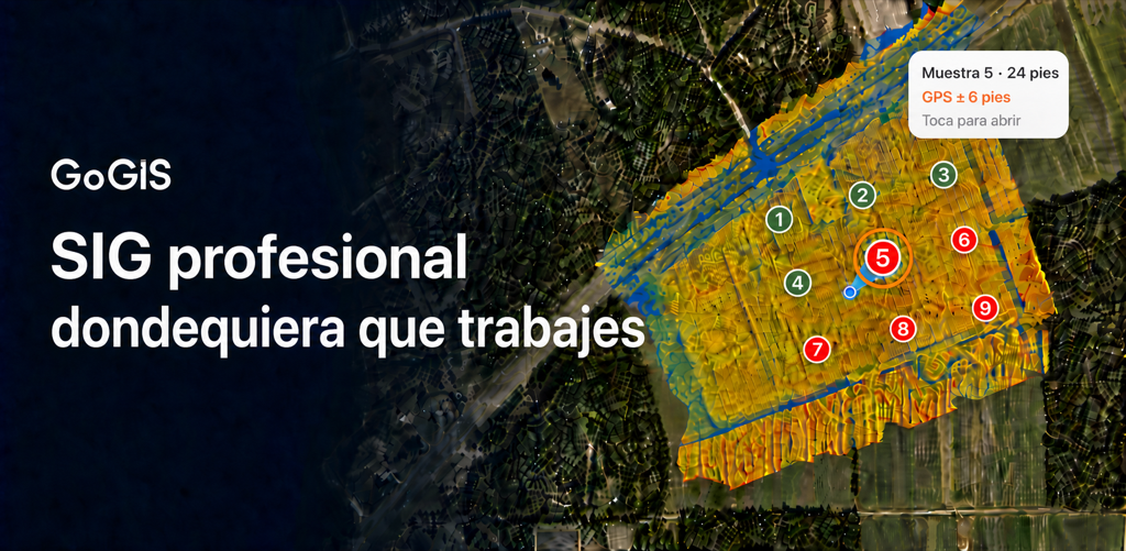 Campaña de GoGIS con puntos de muestreo completados y pendientes, halo de muestra activa, dirección GPS, distancia y precisión sobre un mapa agrícola SIG