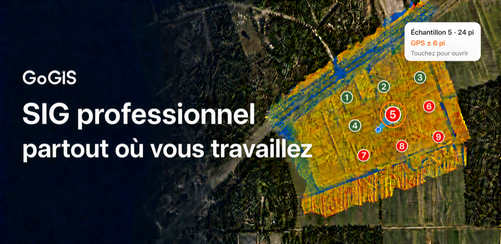 Campagne GoGIS montrant les points d’échantillonnage terminés et restants, la cible active, la direction GPS, la distance et la précision sur une carte SIG agricole