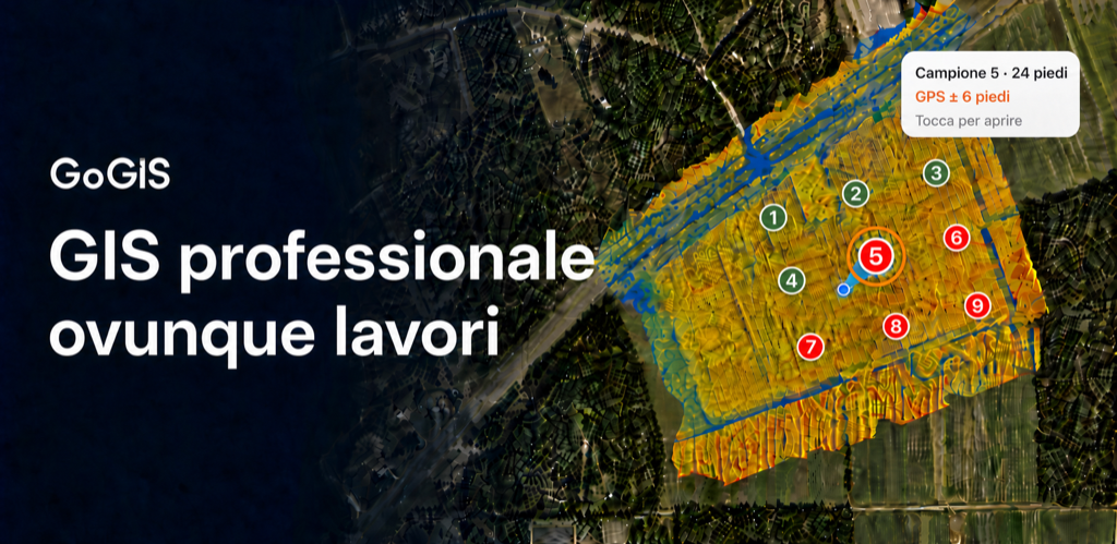 Campagna GoGIS con punti di campionamento completati e rimanenti, obiettivo attivo, direzione GPS, distanza e precisione su una mappa GIS agricola