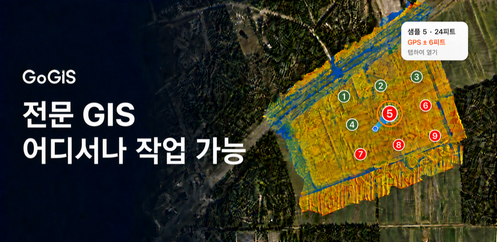 농업 GIS 지도에 완료 및 미완료 샘플 지점, 활성 지점 후광, GPS 방향, 거리 및 정확도를 표시하는 GoGIS 캠페인 이미지