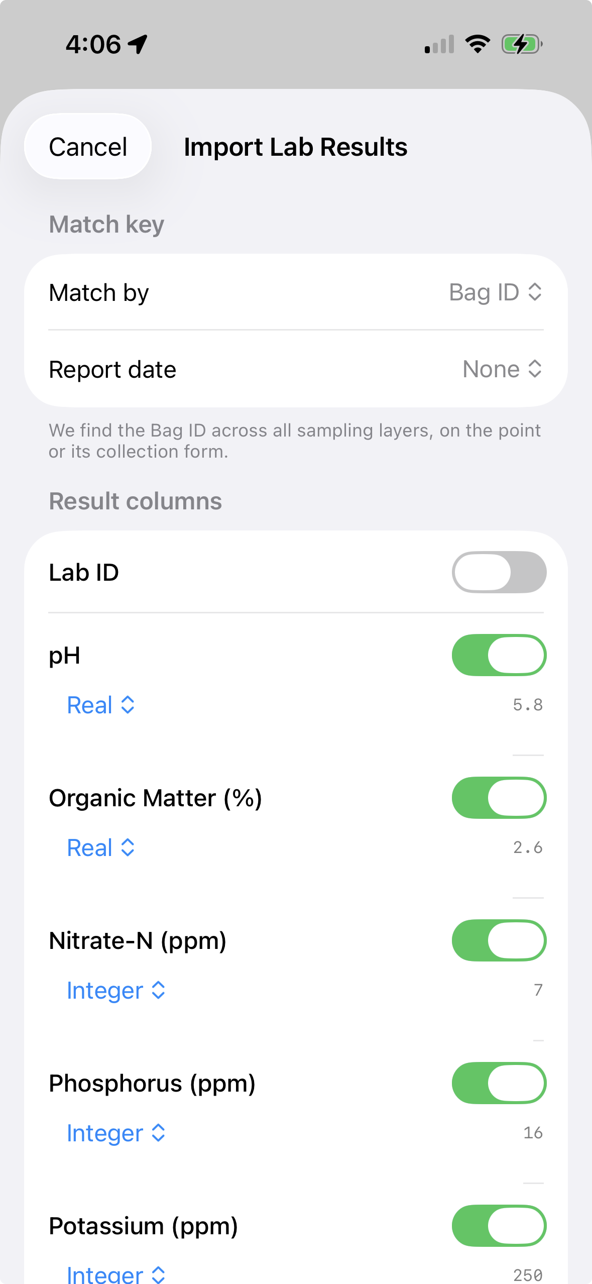 CSV values imported and matched to collected field records in GoGIS