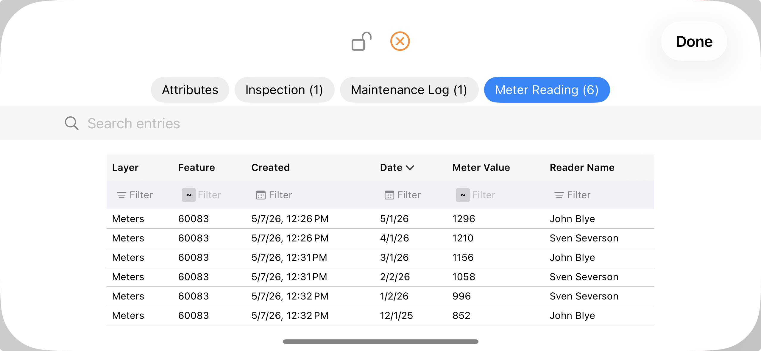 Related Forms grid showing meter reading entries sorted by date with filters and columns