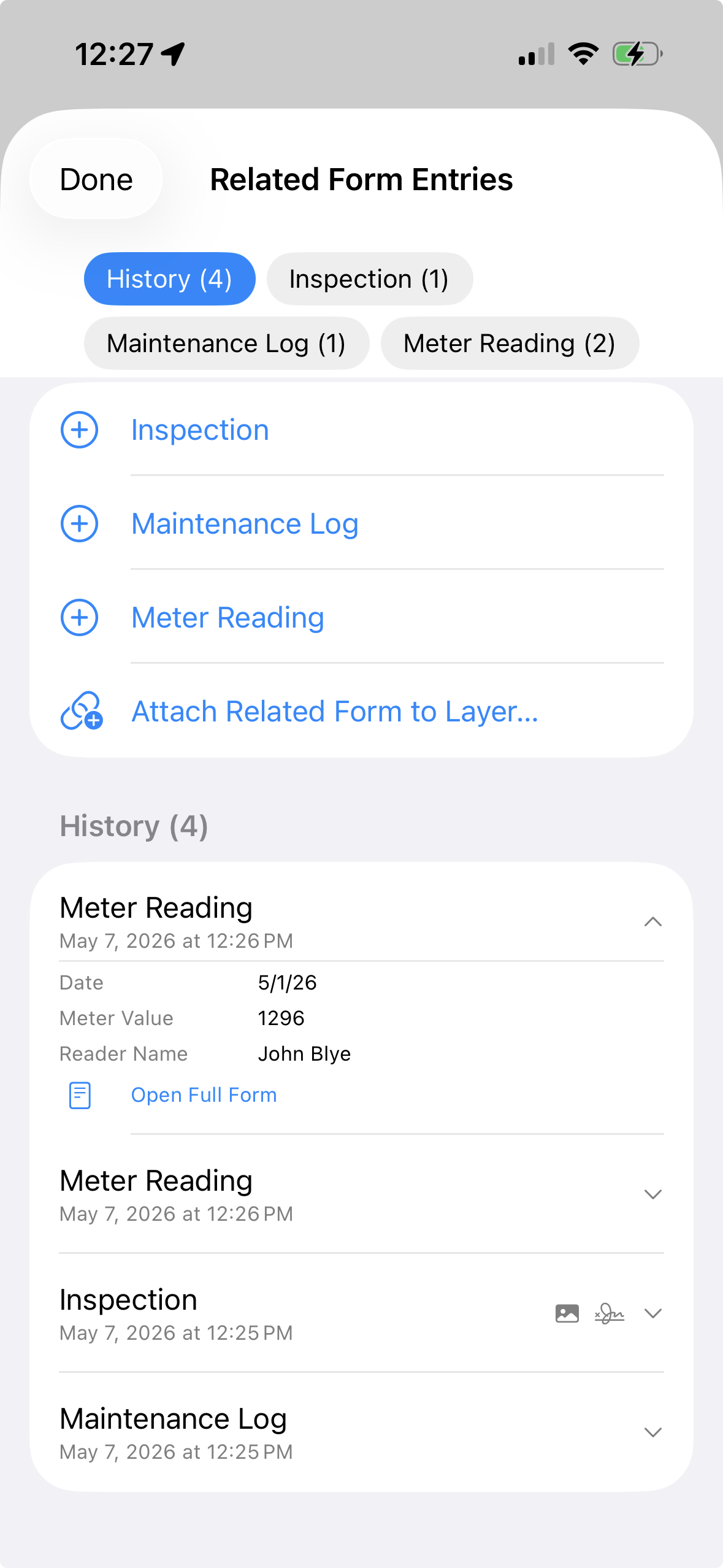 Related Form Entries in GoGIS showing history plus Inspection, Maintenance Log, and Meter Reading form types