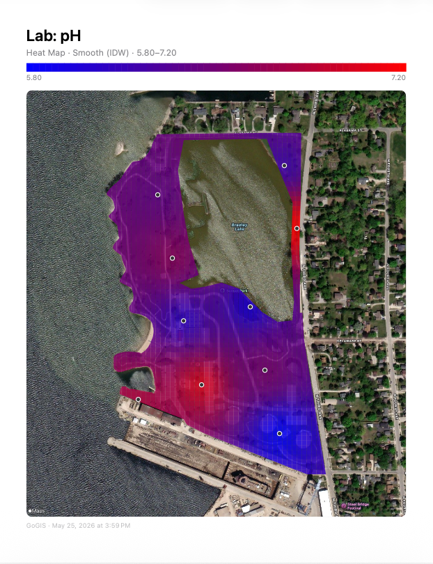 Per-chemical heat-map page from the soil sampling report