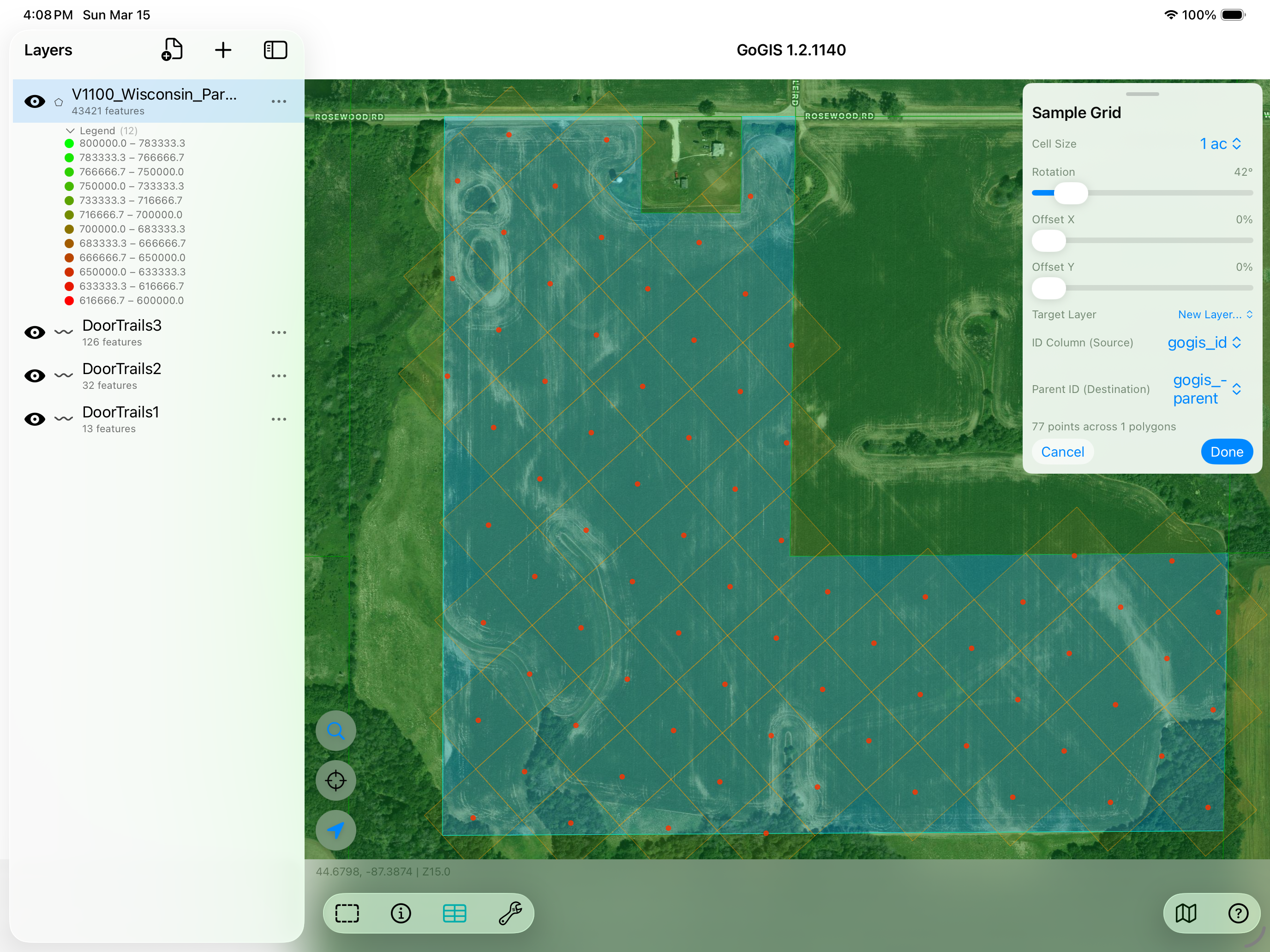 Sample grid generated inside a field boundary in GoGIS on iPad