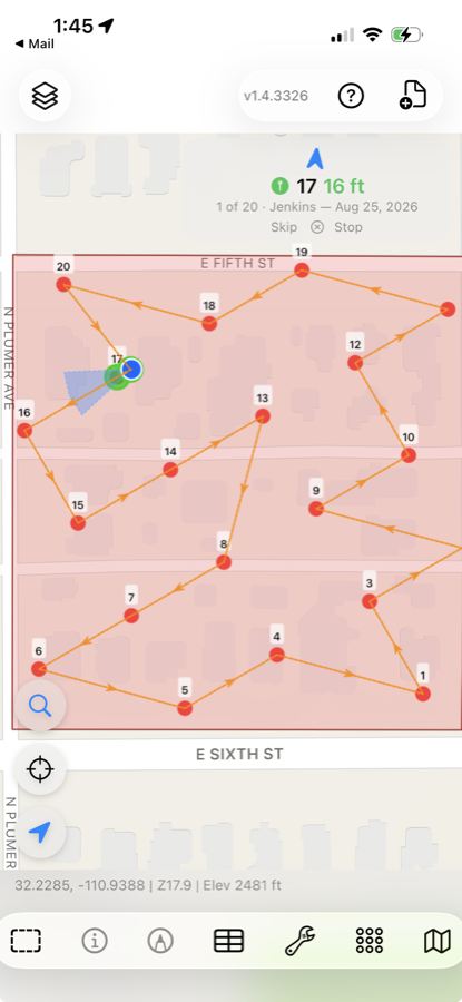 A planned sample route across a field, numbered points joined by an arrowed line