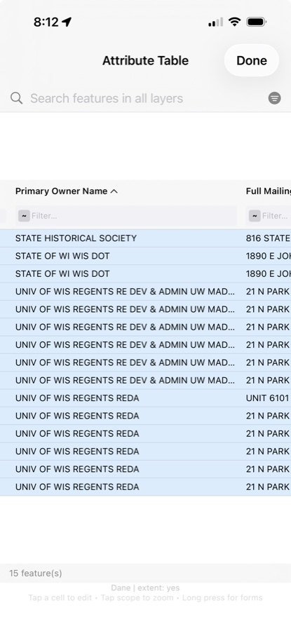 WI 2026 attribute table with parcel owner names