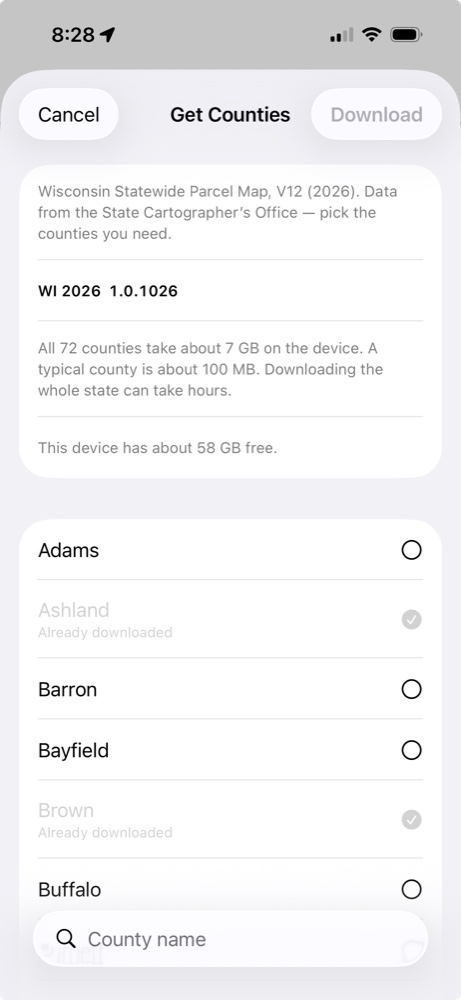 WI 2026 Get Counties screen showing data details, device storage, downloaded counties, and county selection